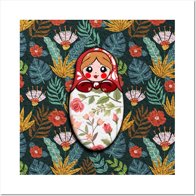 Russian doll with blue flowers pattern Wall Art by KK-Royal